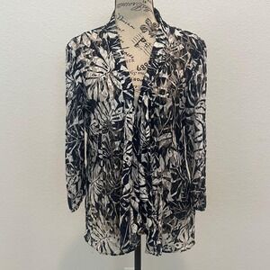 Flowy Tropical Print Sheer Kimono Cardigan Black & White Open Front Layer Top 14